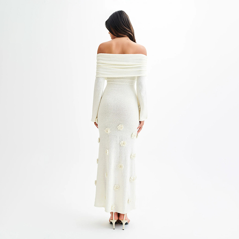 Off Shoulder Knit Rose Maxi Dress