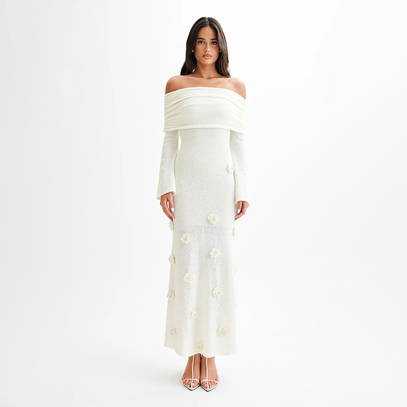 Off Shoulder Knit Rose Maxi Dress
