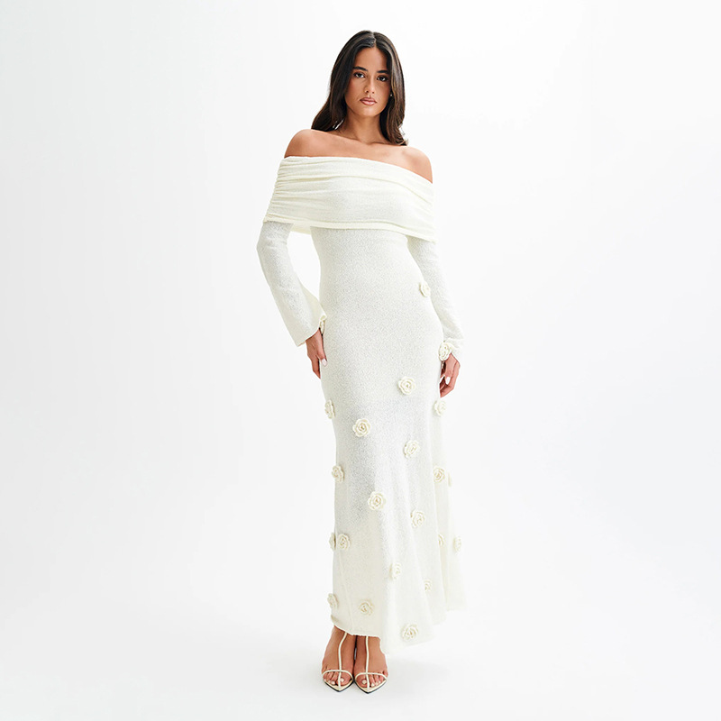 Off Shoulder Knit Rose Maxi Dress
