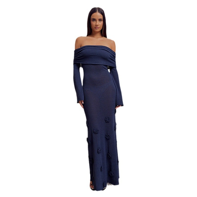 Off Shoulder Knit Rose Maxi Dress