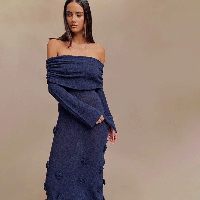 Off Shoulder Knit Rose Maxi Dress